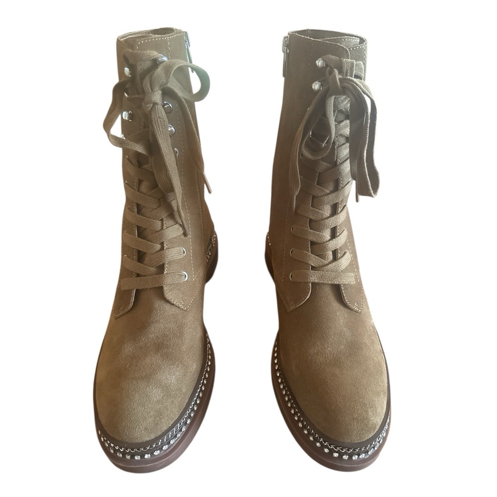 Vince Camuto Branda Tan Suede Women's Sz 11 LaceUp Boots Metal Chain Sequin Trim